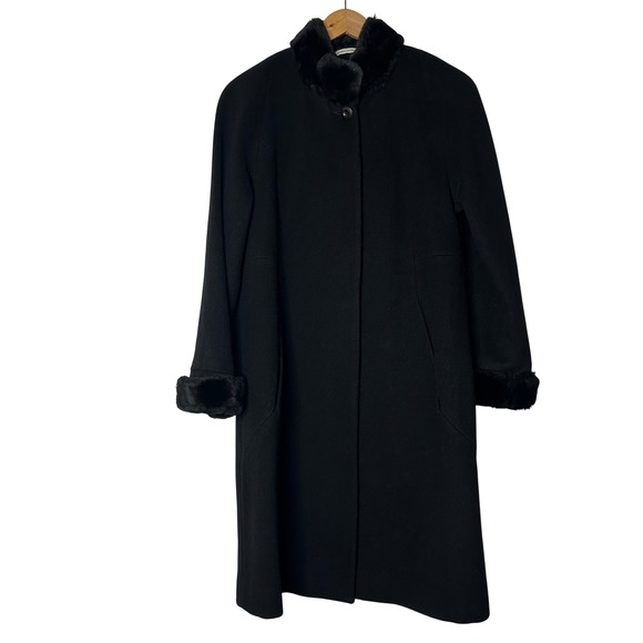 Albert Nipon Studio Coat Sz S Black Wool Faux Fur Mandarin Collar & Cuff Vintage - Picture 1 of 9
